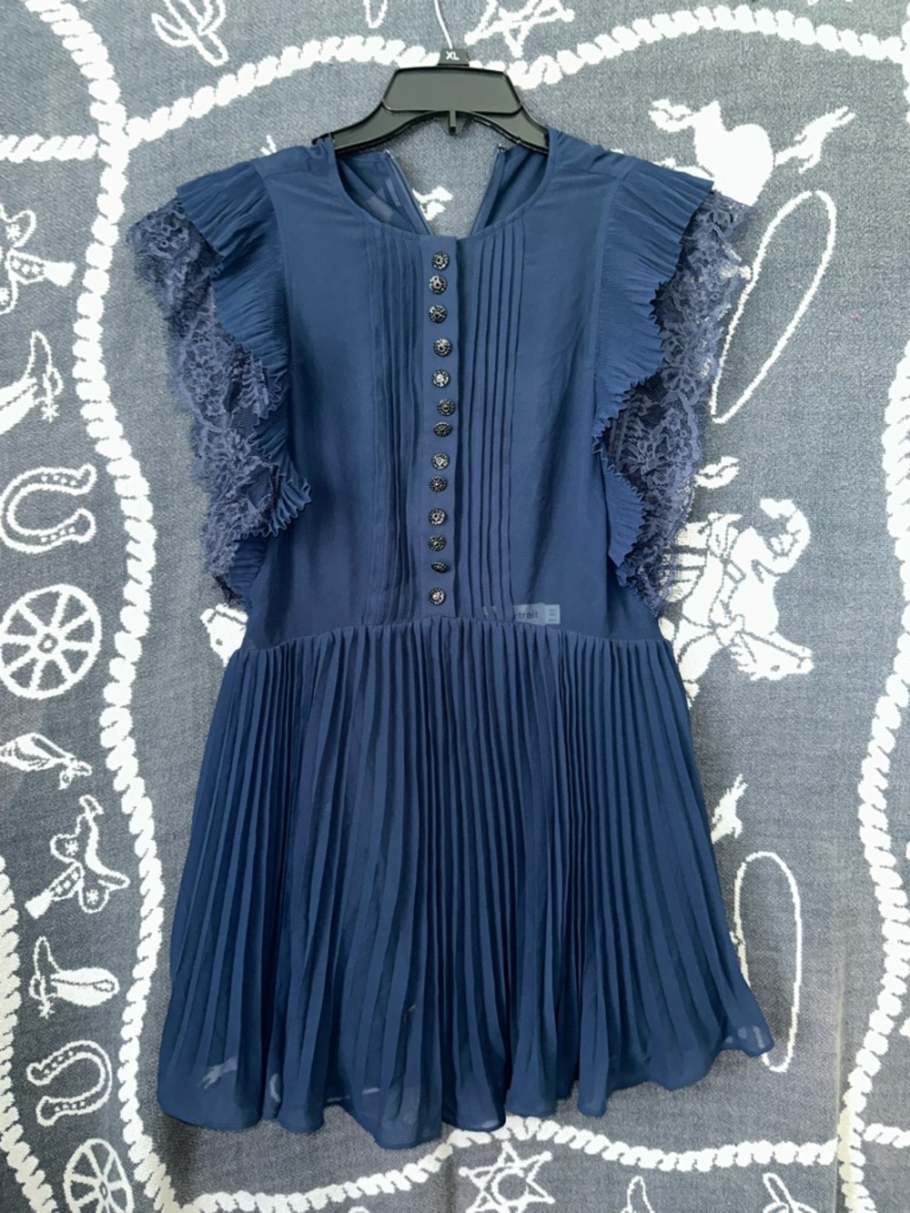Self-Portrait Navy Pleated Lace-Trim Dress